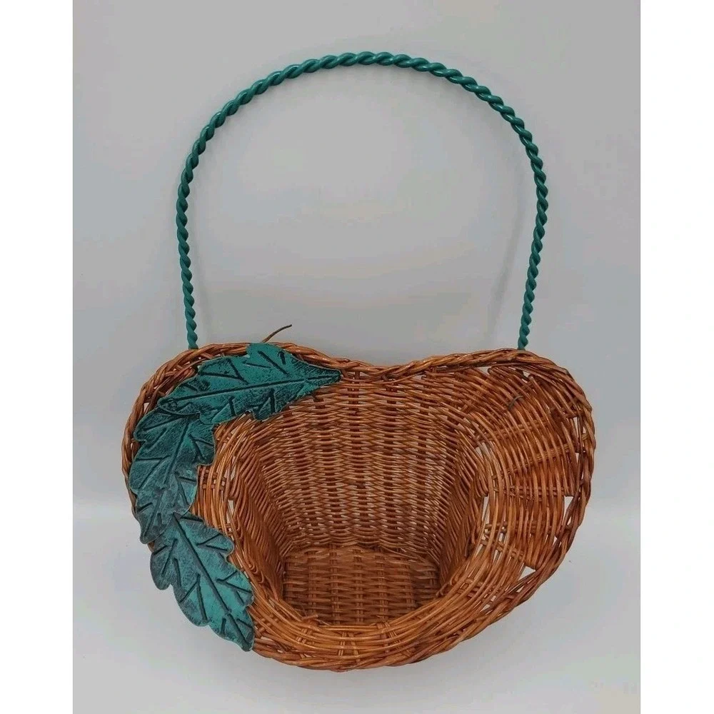 Decorative Hanging Wicker Basket with Green Metal Wire Cottagecore‎